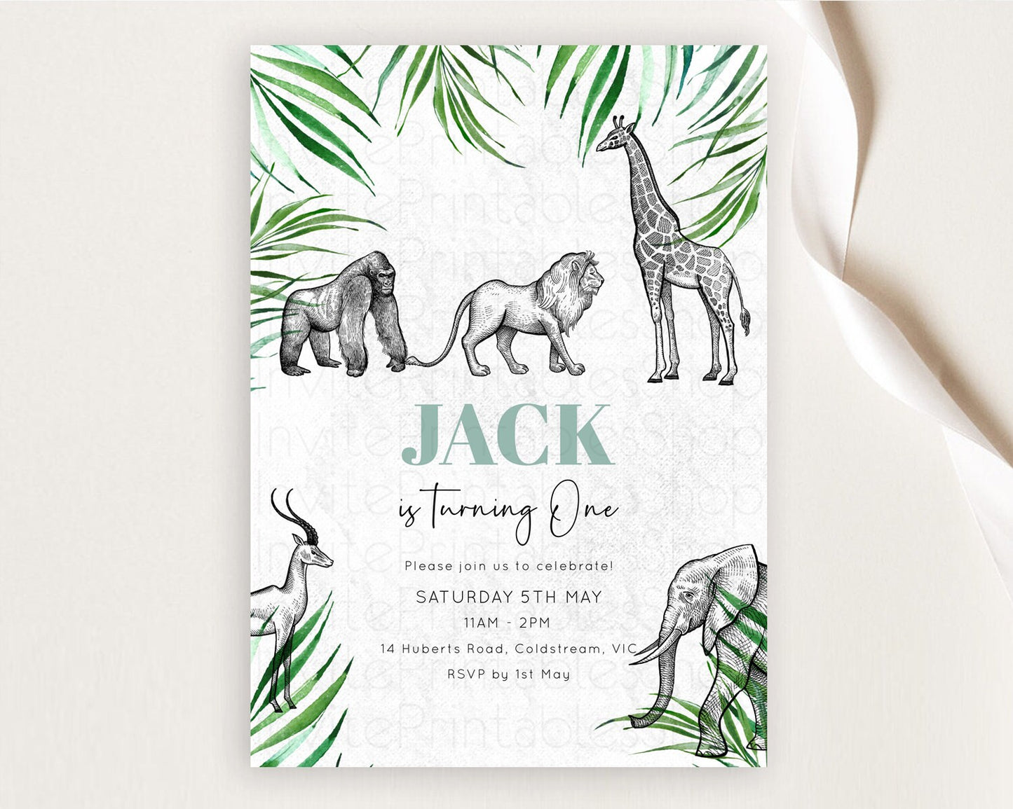 Safari Birthday Invitation Lion Gorilla Elephant Rhino Tropical Palm Jungle Safari Adventure Zoo Party Animal 2nd 1st First Birthday D10853