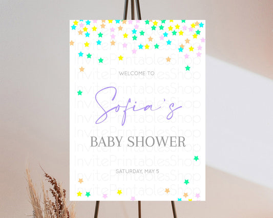 Star Baby Shower Welcome Board Pastel Stars Welcome Sign Shooting Star Rainbow Colorful Confetti Twinkle Little Star Welcome Sign D10395