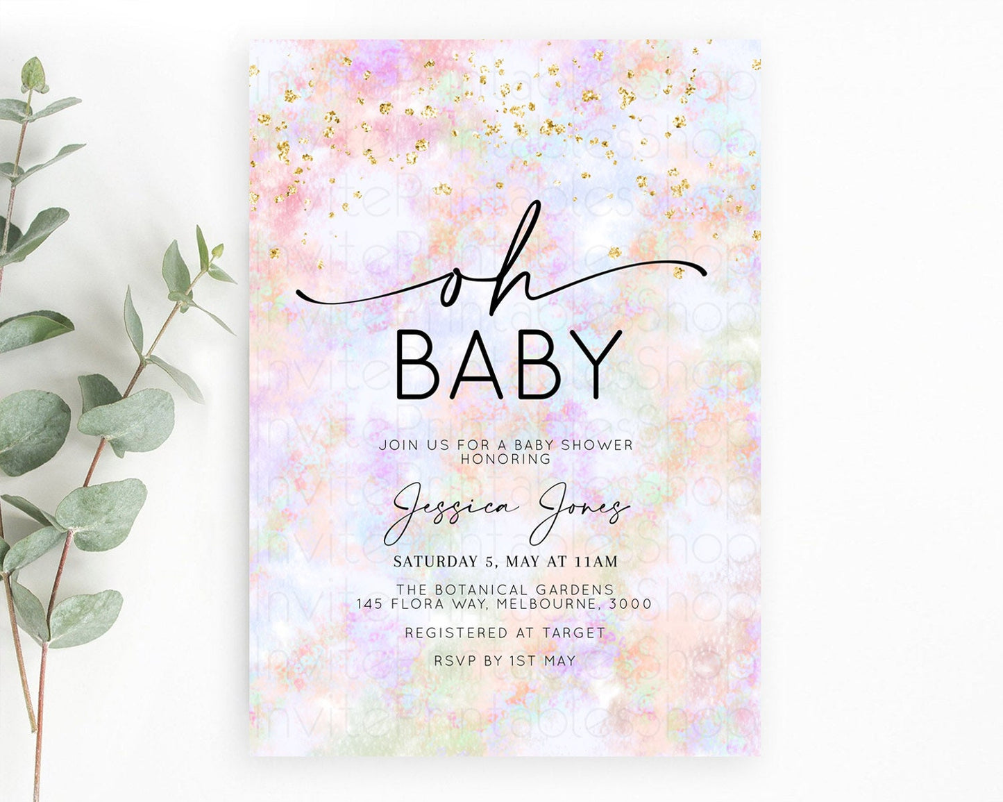 Pastel Baby Shower Invitation Rainbow Baby Shower Invitation Colorful Pastel Watercolor Invitation Gold Glitter Sprinkles Ombre D10649