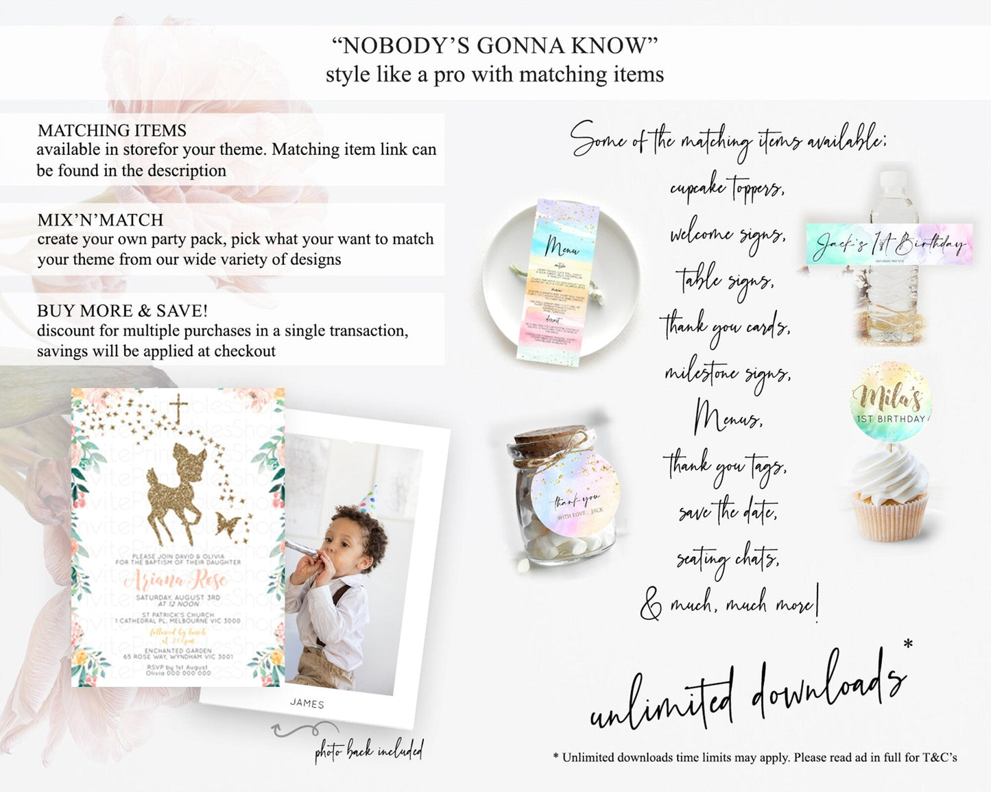 Fawn Baptism Invitation Deer Baptism 1st Birthday Invitation Enchanted Forest Christening Invitation Pastel Garden Butterfly Floral D10874