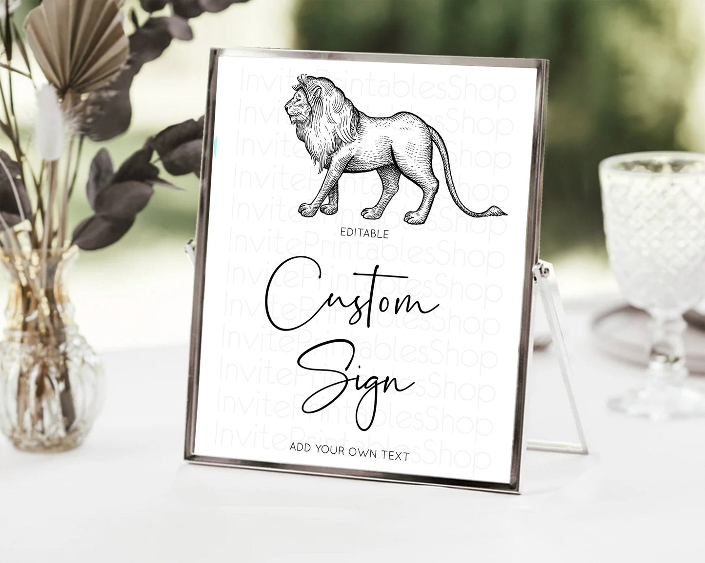 Lion Table Sign Decor Lion Safari Adventure Party Dried Palm Ferns Zoo 1st Birthday Baptism Baby Shower Bridal Shower Wedding D10246