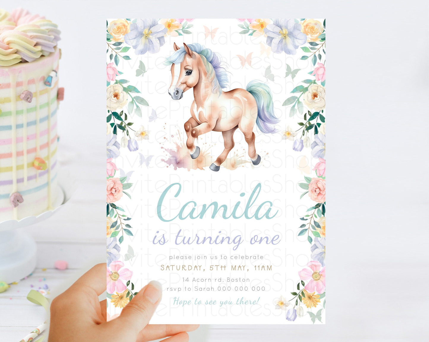 Horse Birthday Invitation, Galloping Wildflower Fields, Pastel Flowers, Butterflies, Flowers Accents for Equestrian & Cowgirls d23383