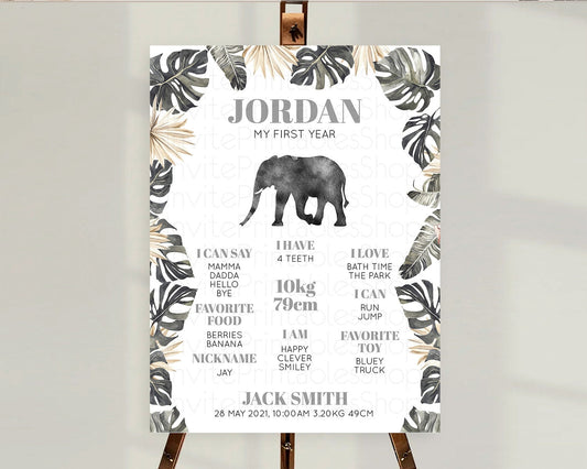 Elephant First Birthday Milestone Board Elephant Milestone Poster One Wild Year Safari Adventure Elephant Zoo Birthday Welcome Sign D10803