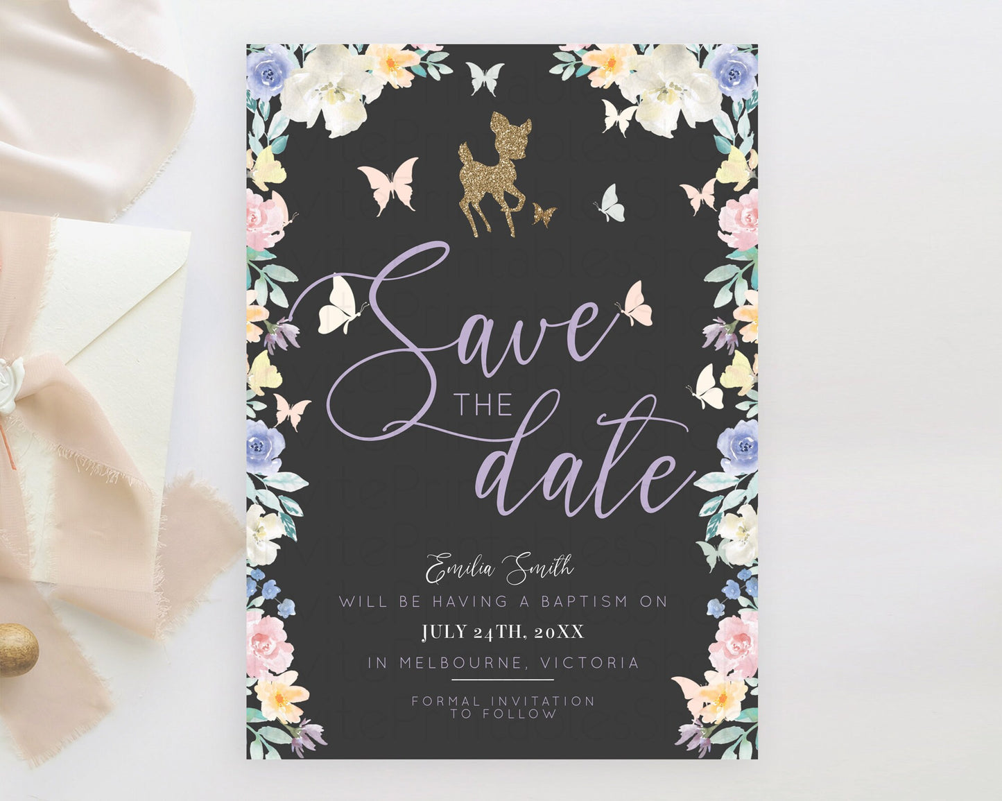 Fawn Deer Save The Date Template Pastel Floral Deer Enchanted Forest Butterfly Party 1st Birthday Baptism Baby Shower Bridal Shower D10323