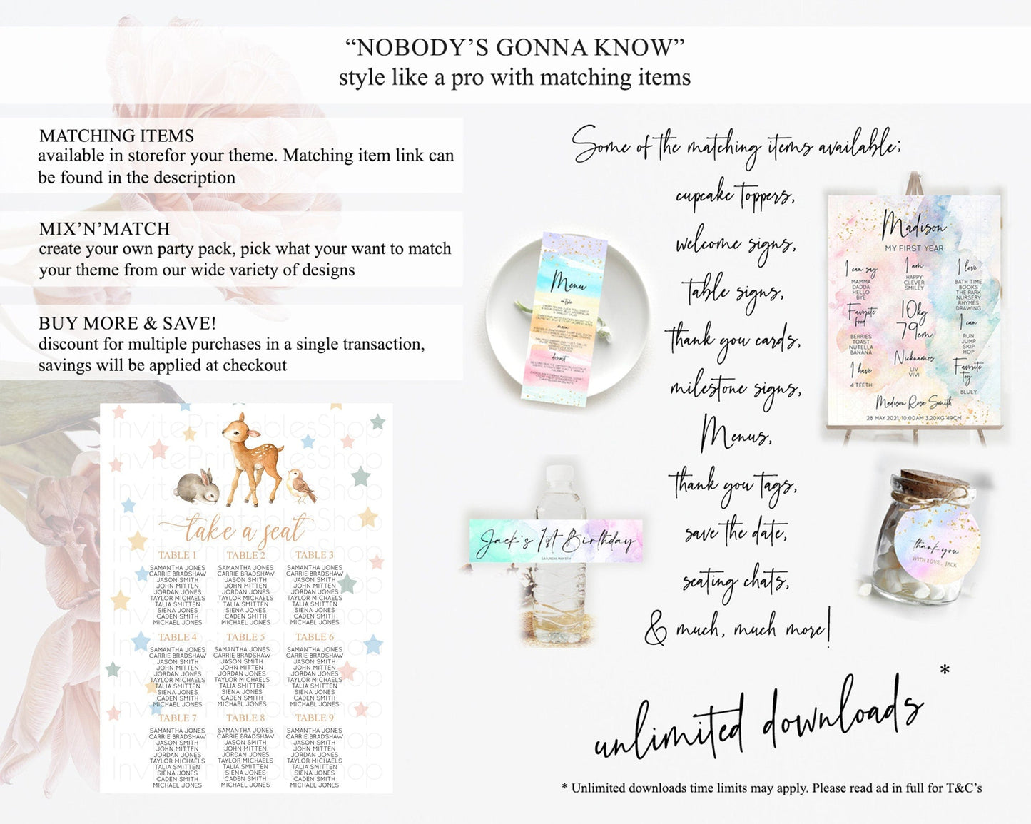Fawn Seating Chart Deer Seating Chart Enchanted Forest Party Butterfly Pastel Flowers Whimsical Seating Chart Woodland Seating Sign D10918