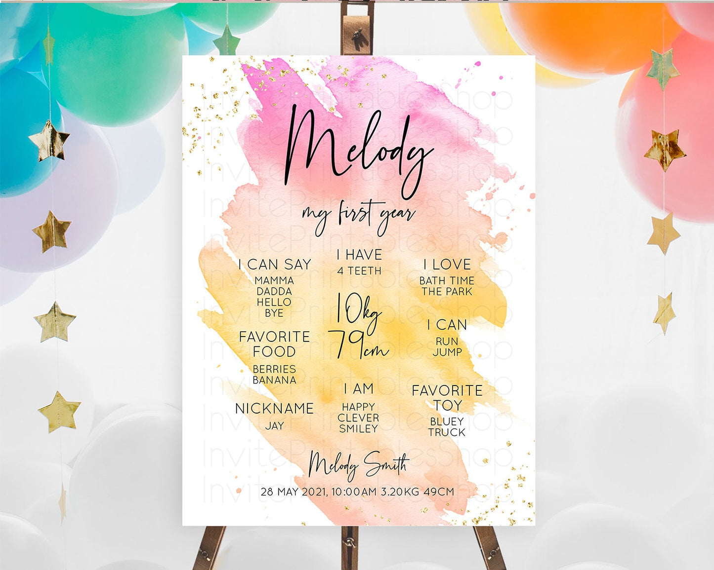 Pastel First Birthday Milestone Board Pastel Rainbow Milestone Poster Colorful Confetti Watercolor Glitter 1st Birthday Welcome Sign D10527