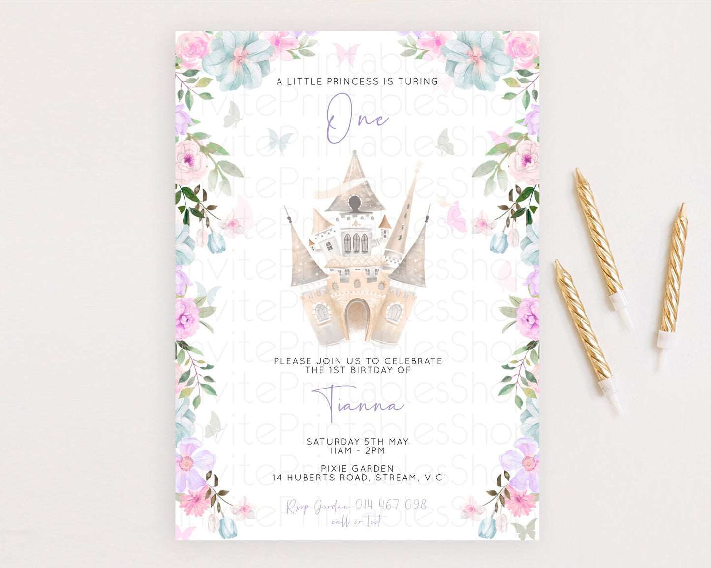 Princess Birthday Invitation Castle Invitation Royal Birthday Fairy Tale Enchanted Castle Pastel Floral Garden 1st First Birthday D10471