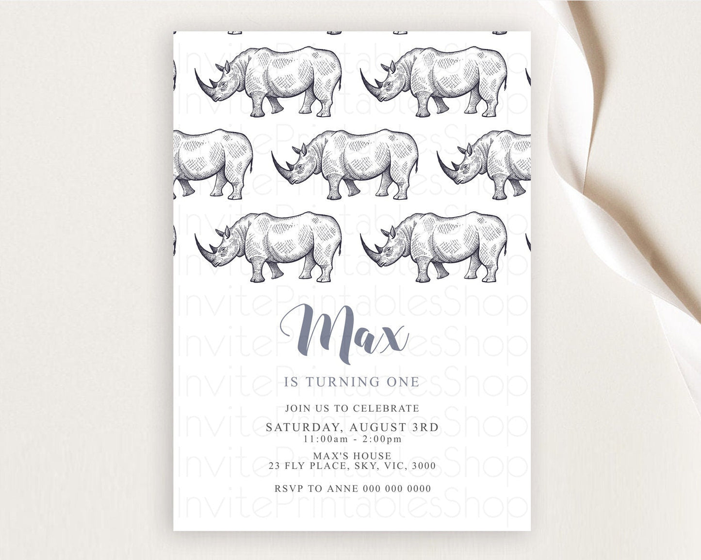 Rhino Birthday Invitation Rhino Invitation Rhino Birthday Rhino Safari Adventure Invite Rhino Palm Leaf Invite Zoo Party D10253