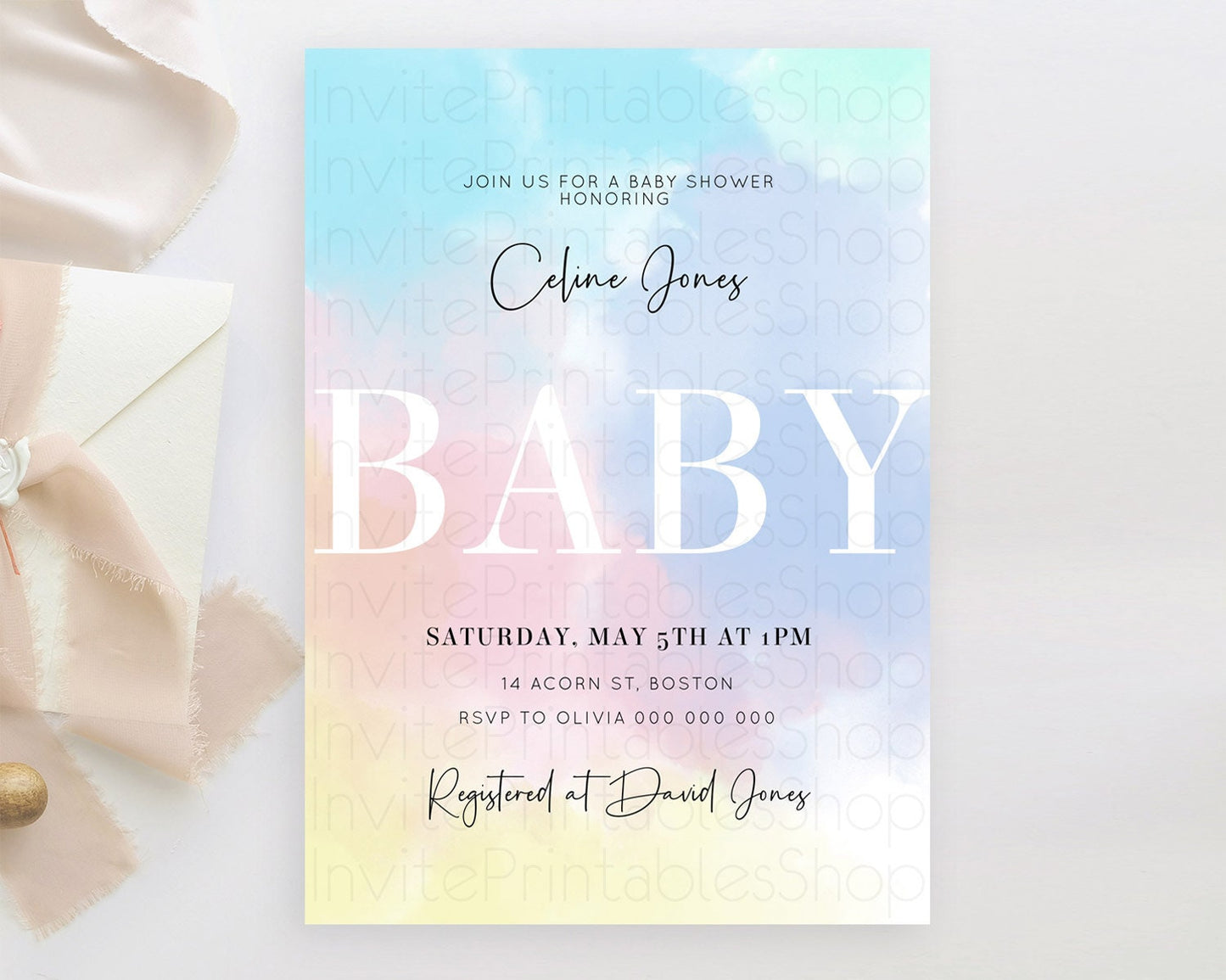 Pastel Baby Shower Invitation Rainbow Baby Shower Invitation Colorful Pastel Watercolor Invitation Gold Glitter Sprinkles Ombre D10373