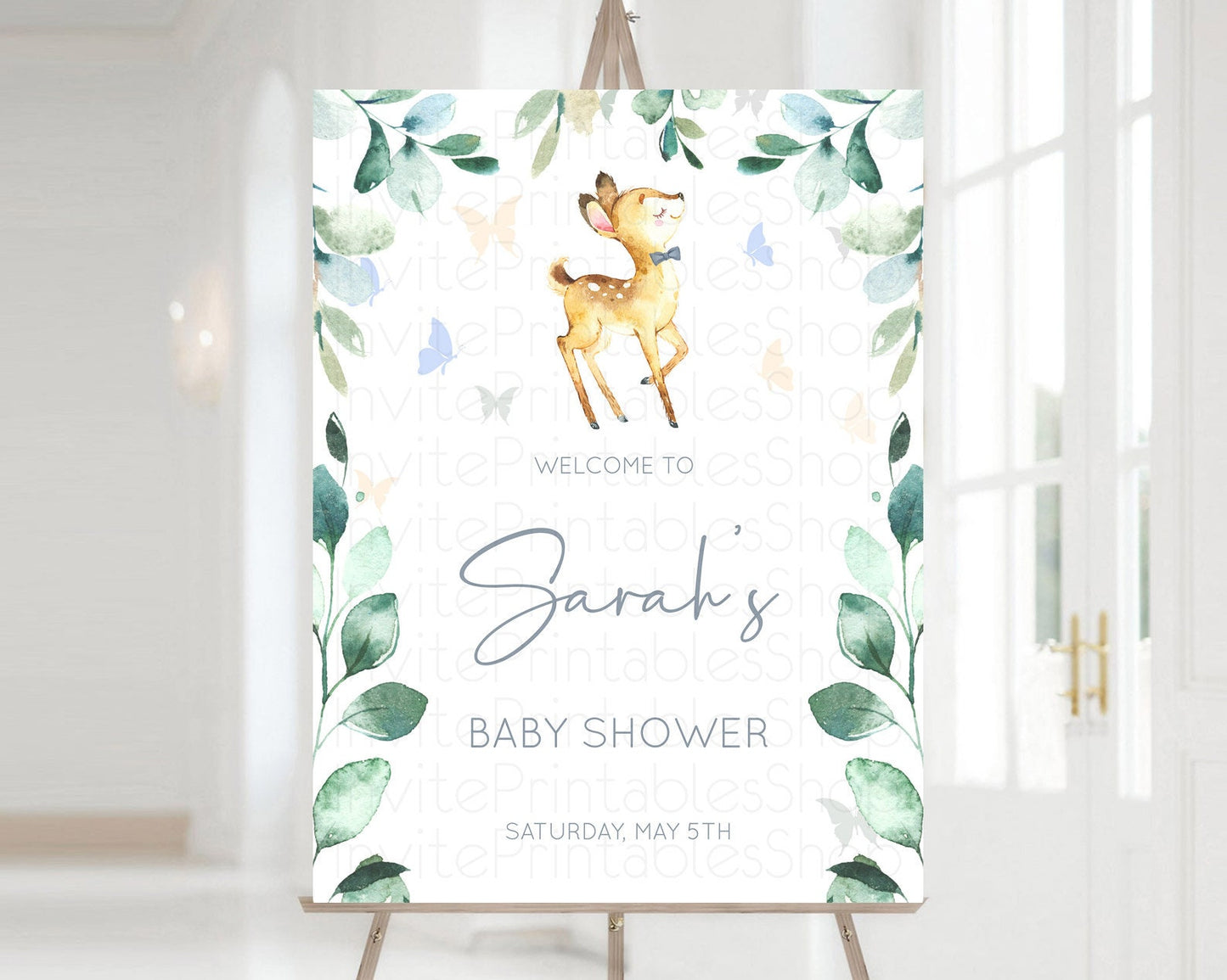 Fawn Baby Shower Welcome Sign Deer Welcome Board Floral Deer Welcome Poster Enchanted Forest Butterfly Pastel Floral Welcome Sign D10767