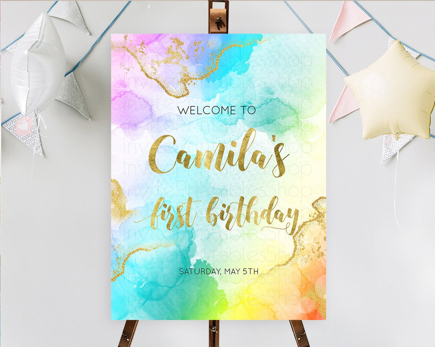 Pastel Welcome Sign Pastel Rainbow Welcome Sign Colorful Rainbow Confetti Watercolor Glitter Pastel First Birthday Welcome Sign D10392