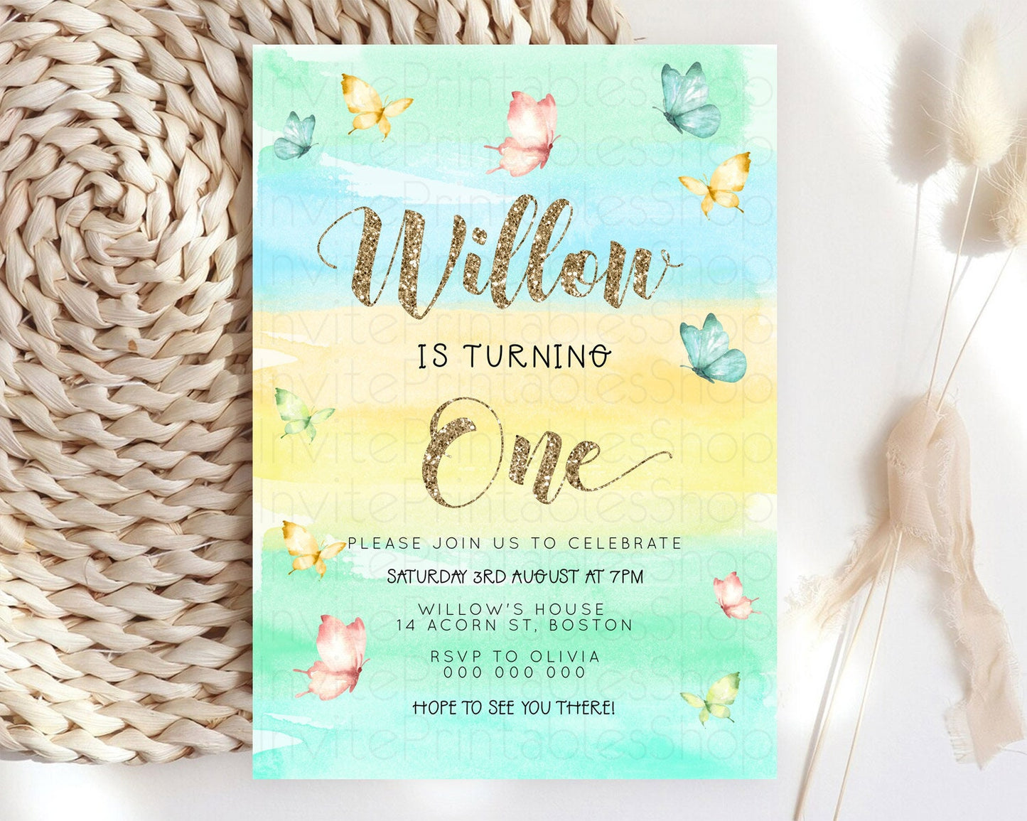 Pastel Butterfly Birthday Invitation Butterfly Birthday Invitation Colorful Splash Glitter Butterfly Garden 1st 2nd Birthday D23222