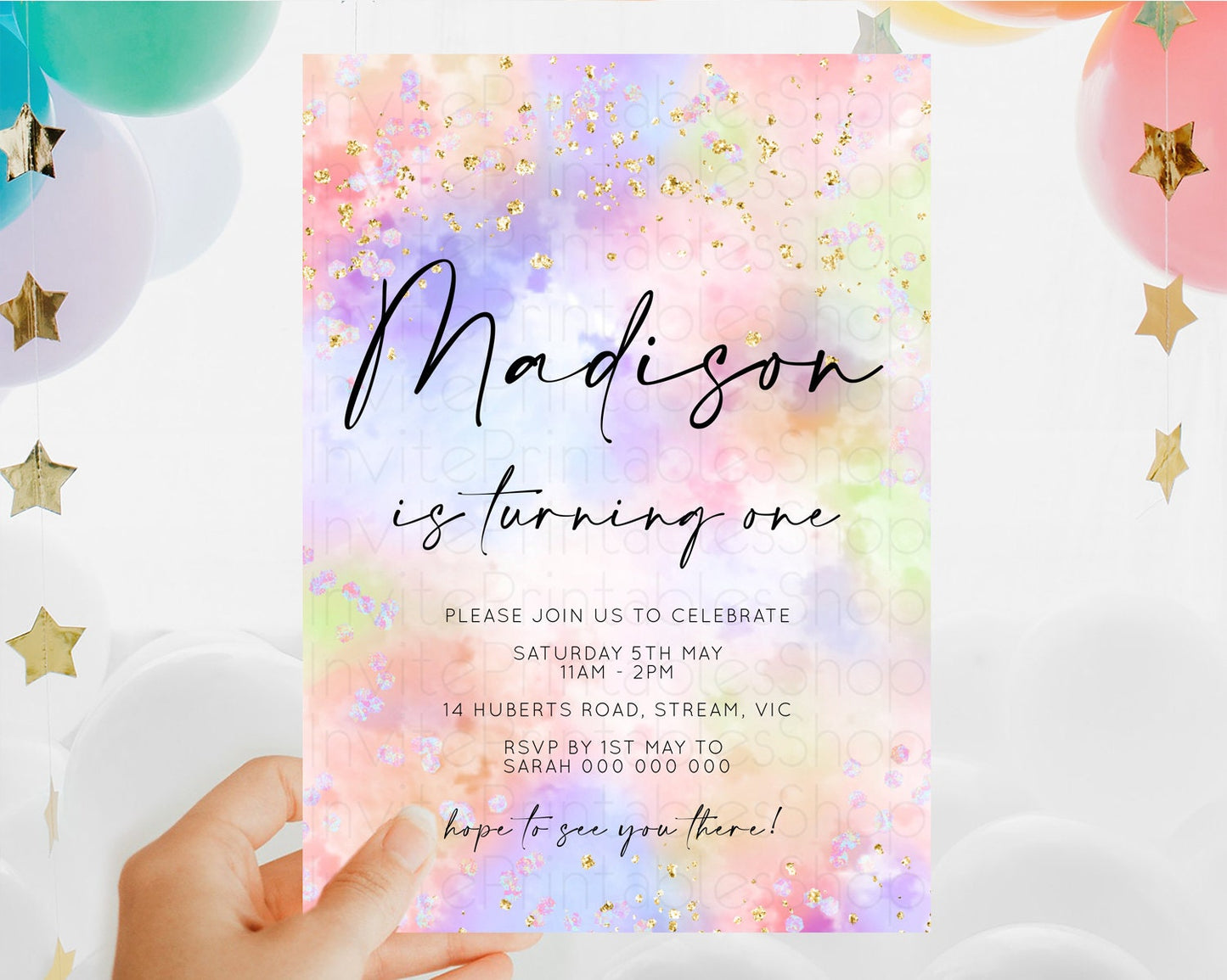 Editable Rainbow Birthday Invitation Colorful Pastel Watercolor Invitation G