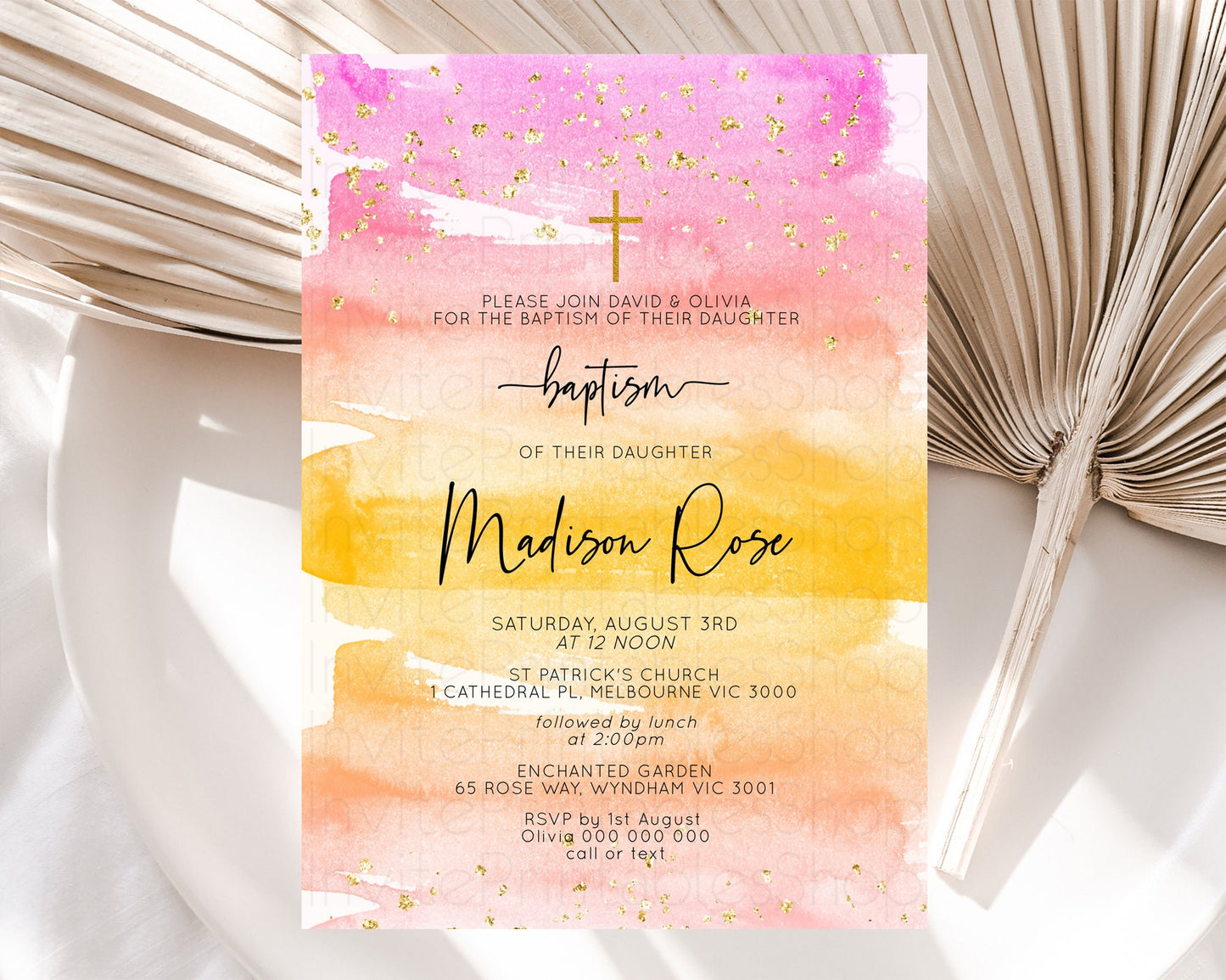 Pastel Baptism Invitation Pastel Colors Watercolor Baptism 1st Birthday Party Gold Ombre Pastel Rainbow Christening Holy Communion D10520