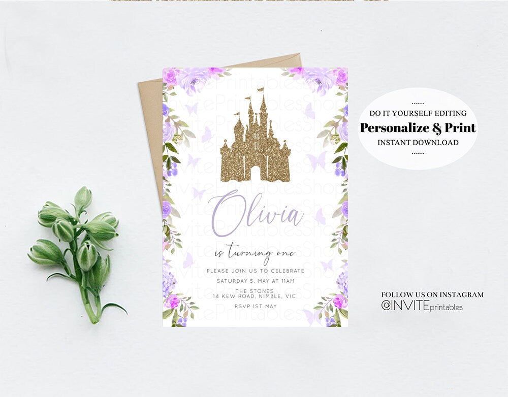 Princess Birthday Invitation Gold Glitter Enchanted Castle Royal Celebration Fairytale Floral Garden Purple Be Our Guest Custom Invite