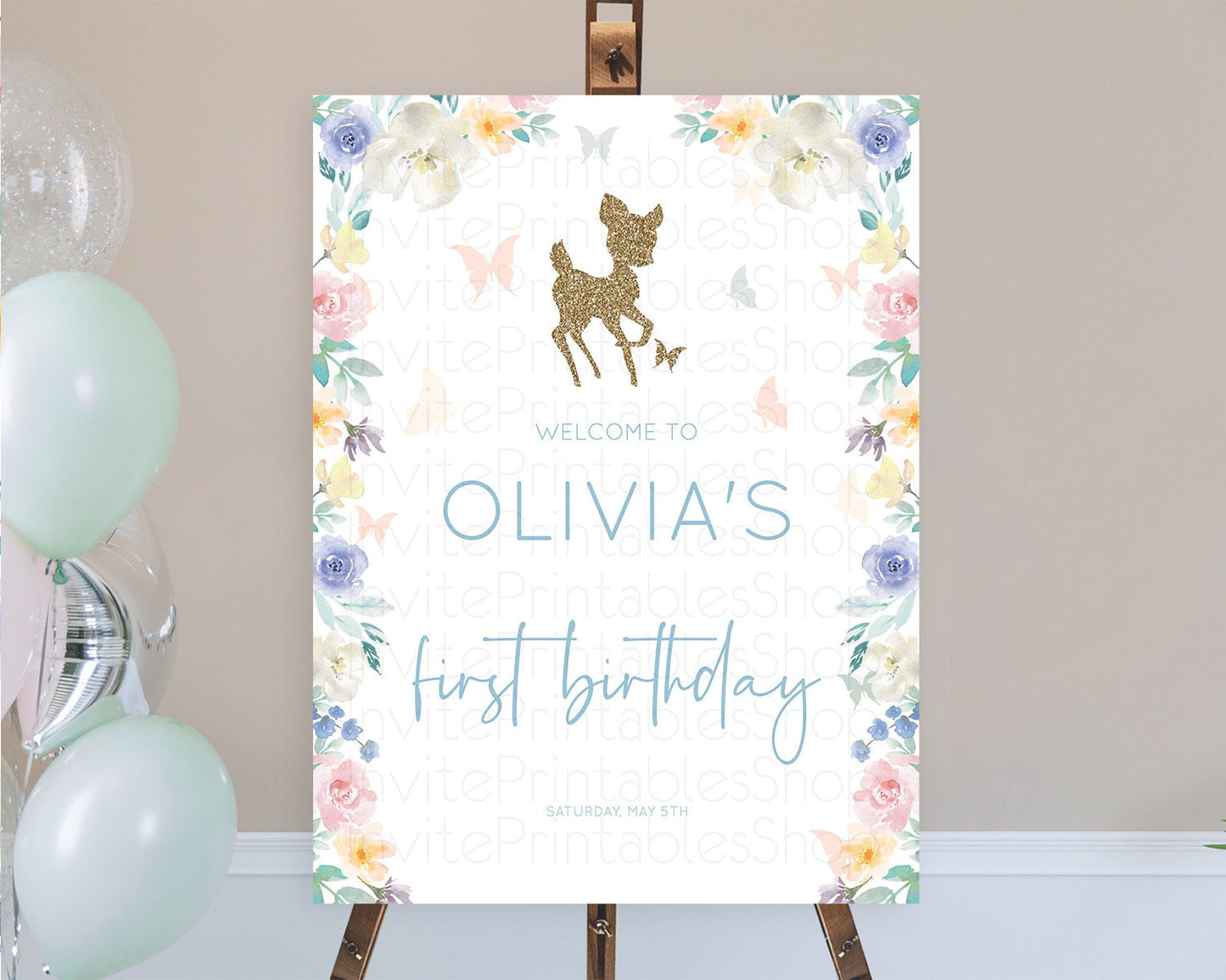 Fawn Welcome Sign Deer Welcome Board Floral Deer Welcome Poster Enchanted Forest Butterfly Pastel Floral First Birthday Welcome Sign D10878