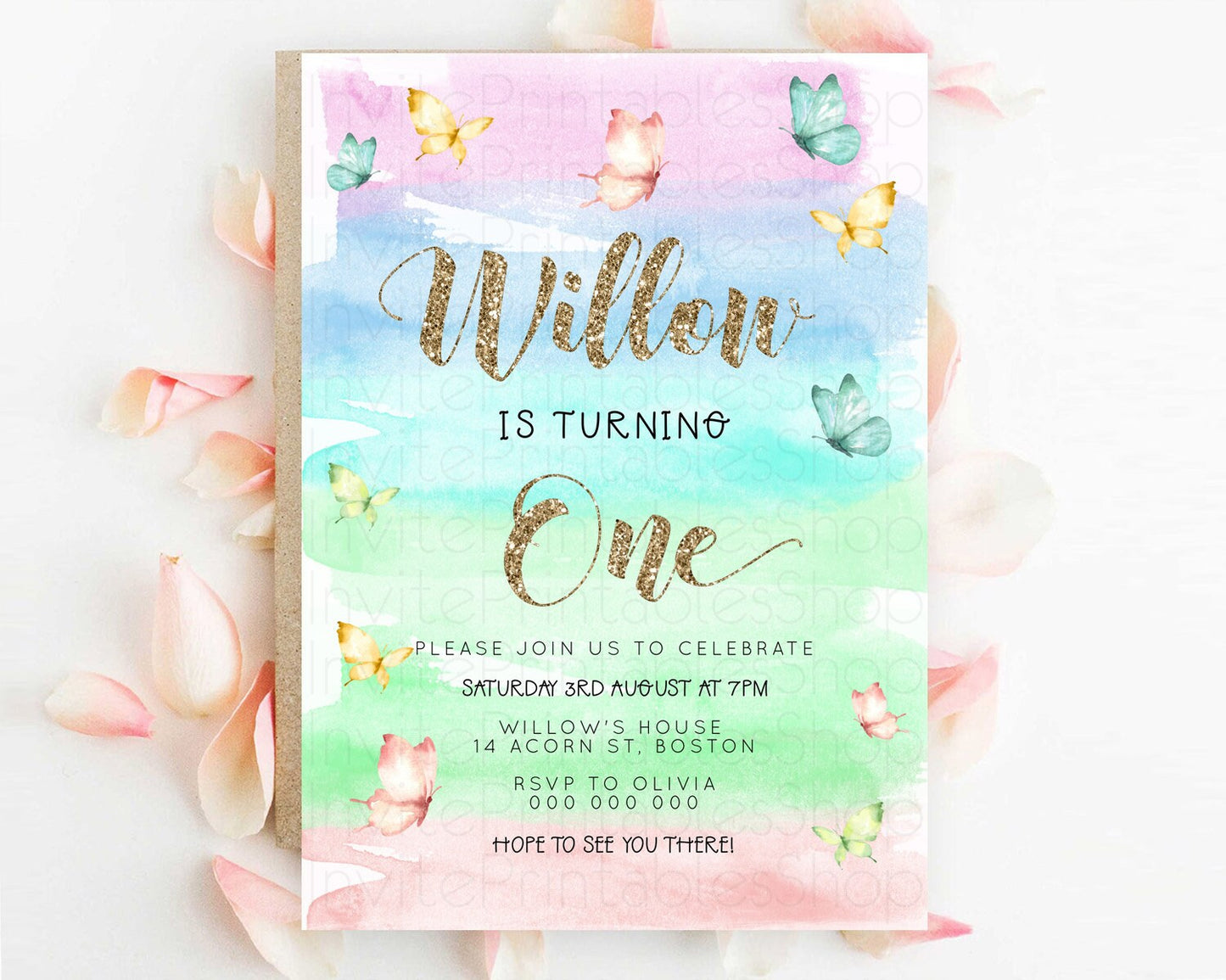 Pastel Butterfly Birthday Invitation Butterfly Birthday Invitation Colorful Splash Glitter Butterfly Garden 1st 2nd Birthday D23226