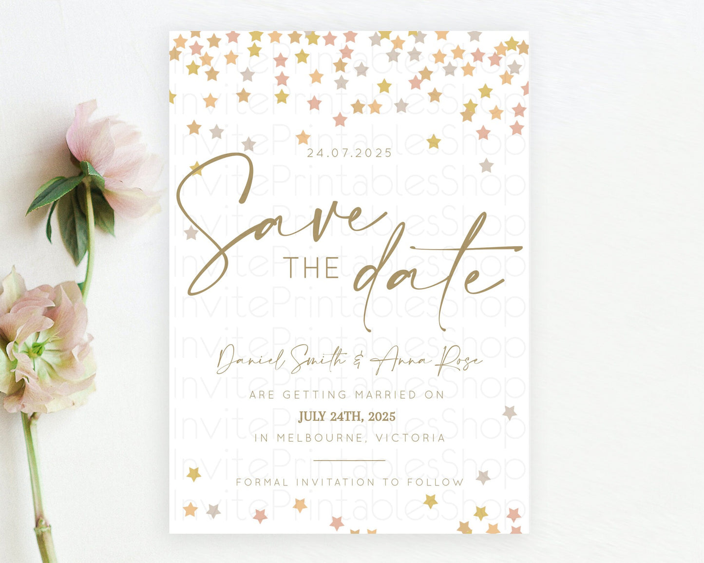 Twinkle Stars Save The Date Template Pastel Twinkle Little Star Party Shooting Star Confetti Sprinkles Birthday Baptism Baby Shower D10342