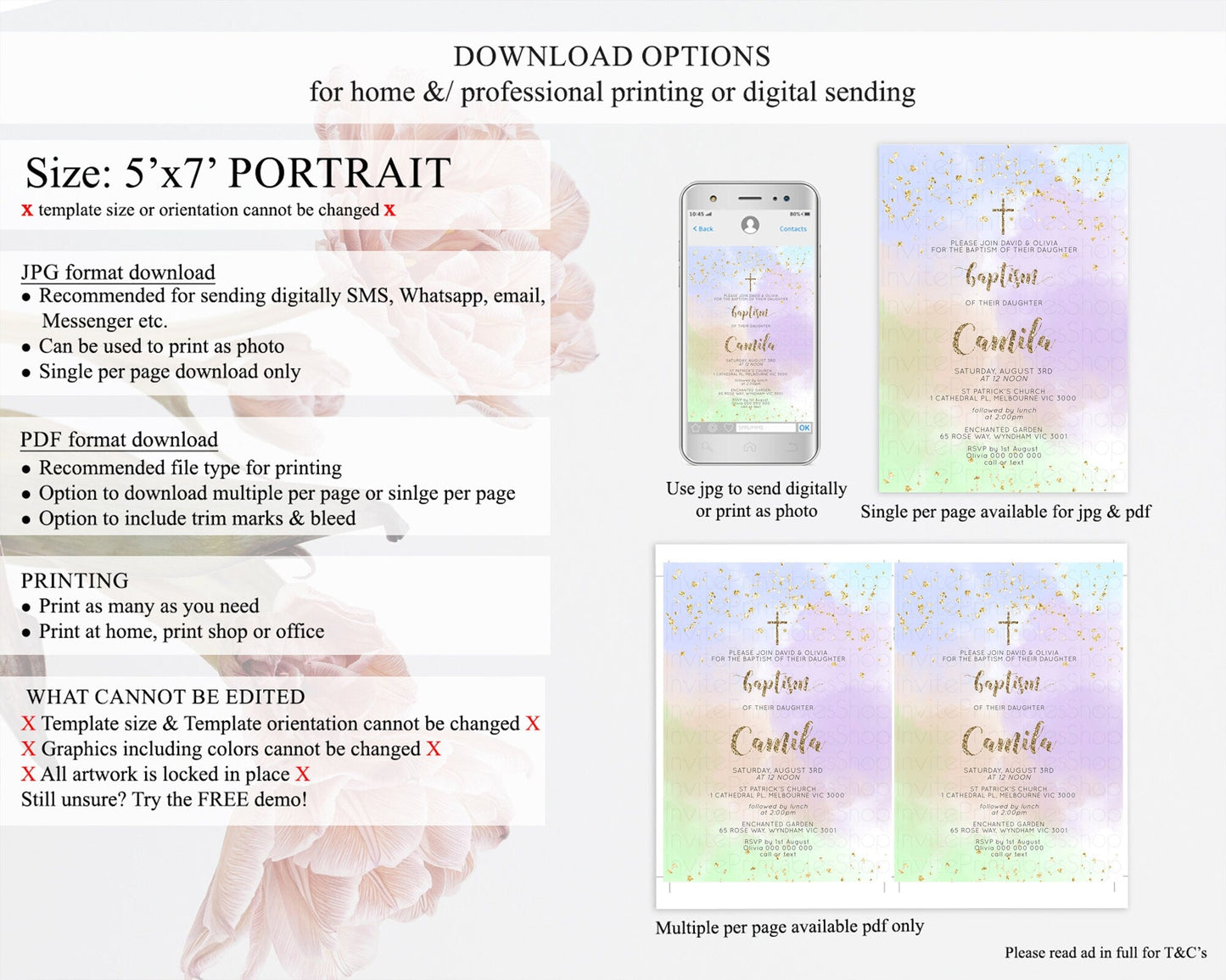 Pastel Baptism Invitation Pastel Colors Watercolor Baptism 1st Birthday Party Gold Ombre Pastel Rainbow Christening Holy Communion D10372