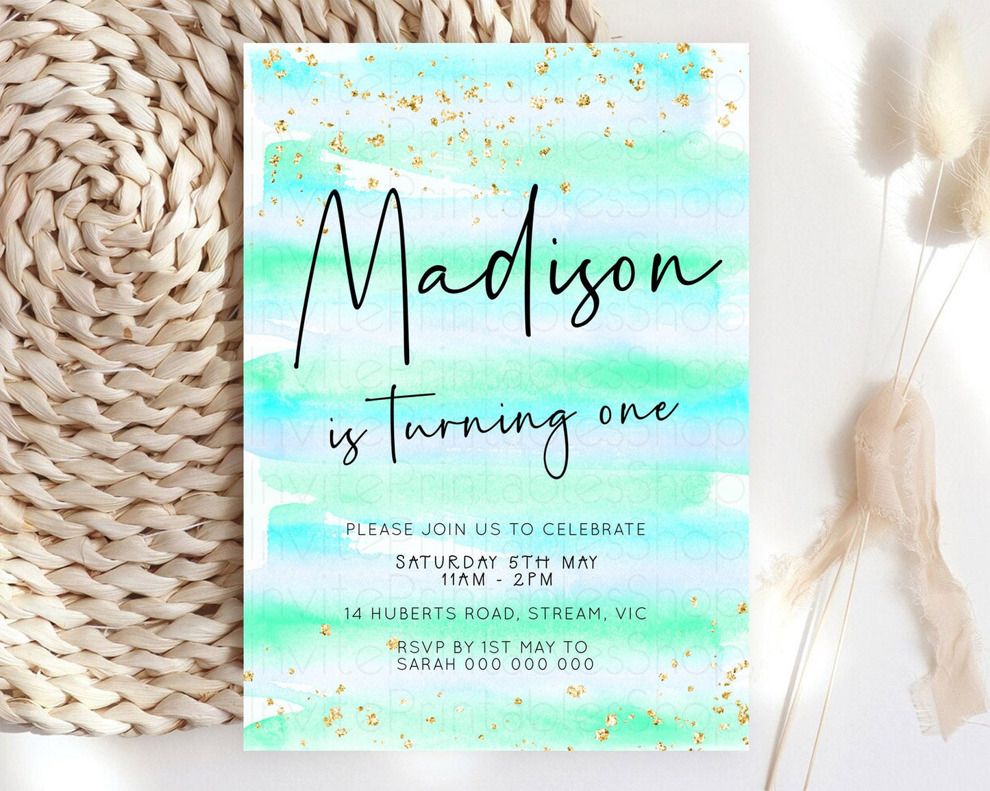 Blue Birthday Invitation Blue Watercolor Invitation Pastel Blue Watercolor Invitation Blue Splash Gold Invitation 1st First Birthday D23036