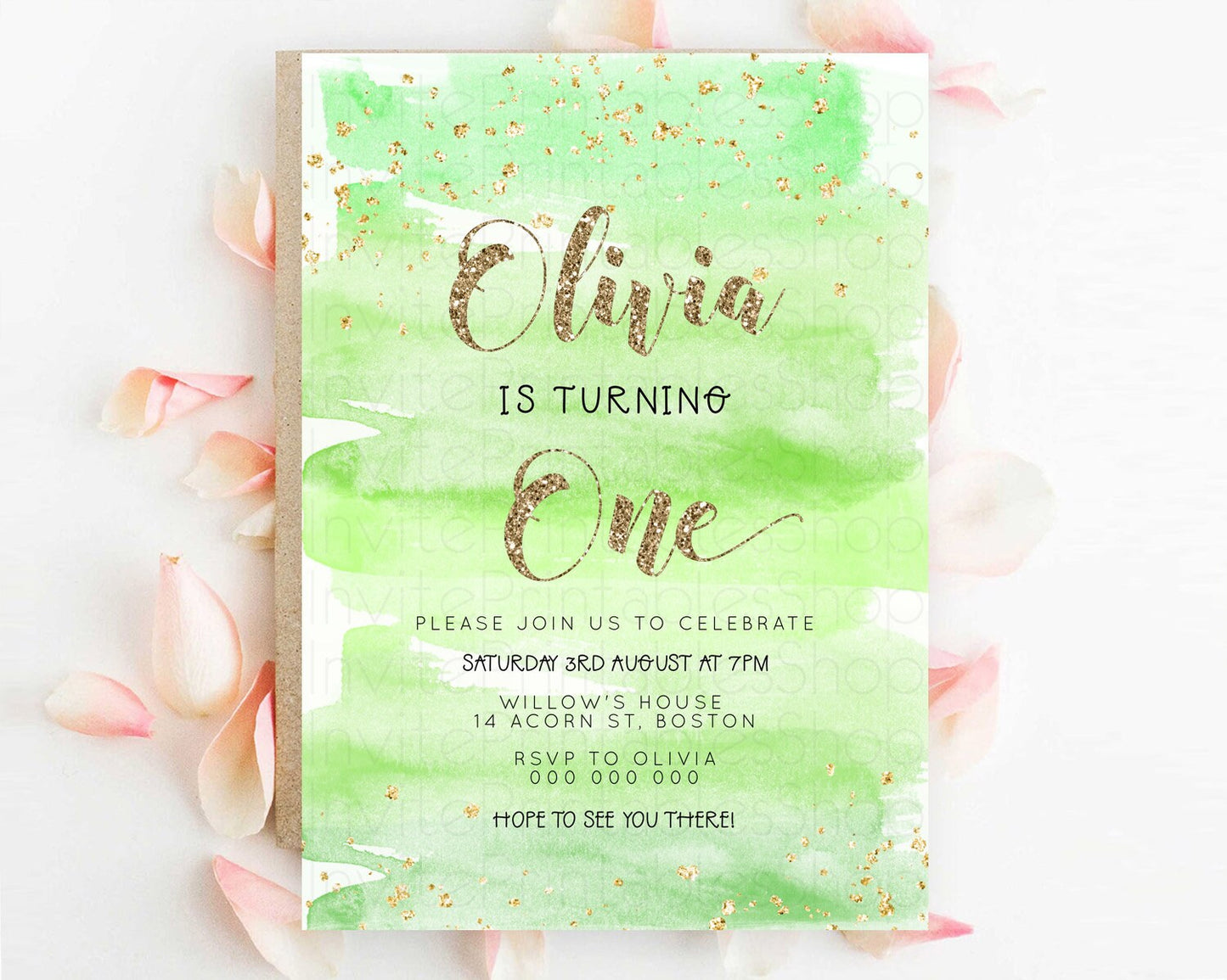 Green Birthday Invitation green Watercolor Invitation Pastel green Watercolor Invitation green Splash Gold Invitation First Birthday D23281