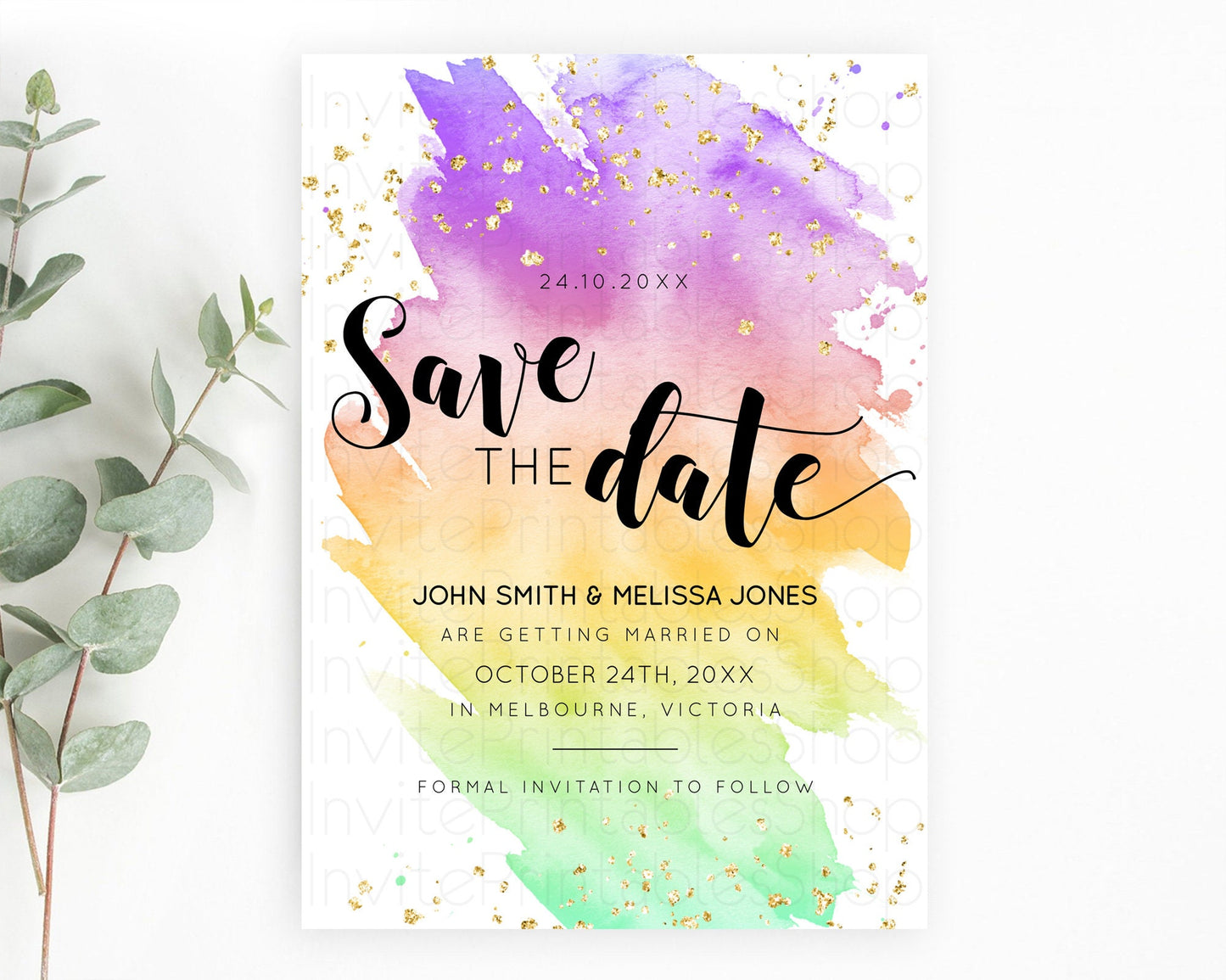 Pastel Save The Date Template Pastel Ombre Rainbow Watercolor Colorful Party For Birthday Baptism Baby Shower Wedding Bridal Shower D10517