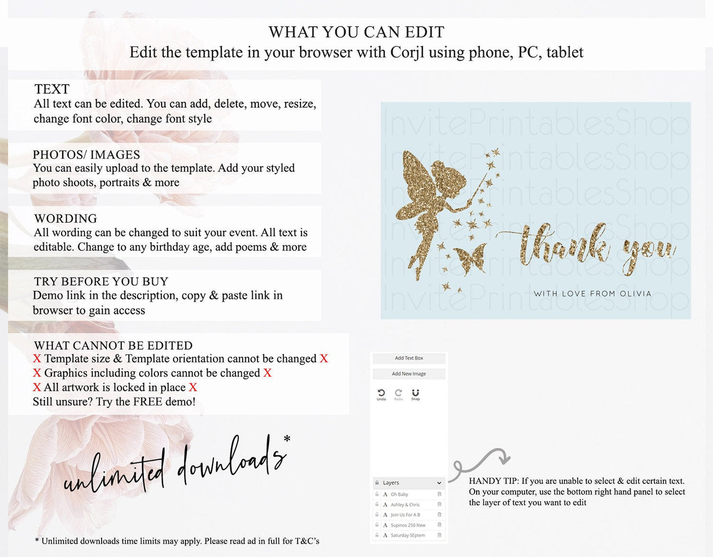 Fairy Thank You Fairy Thank You Card Enchanted Garden Pastel Butterfly Birthday Thank You Floral Secret Garden Teacher Thank You D10907