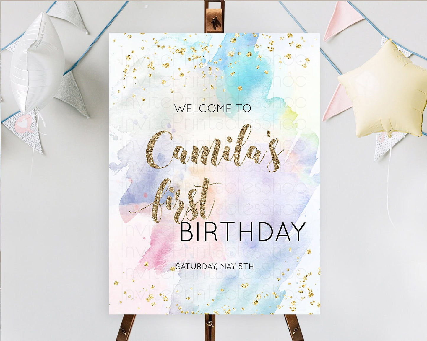 Pastel Welcome Sign Pastel Rainbow Welcome Sign Colorful Rainbow Confetti Watercolor Glitter Pastel First Birthday Welcome Sign D10421