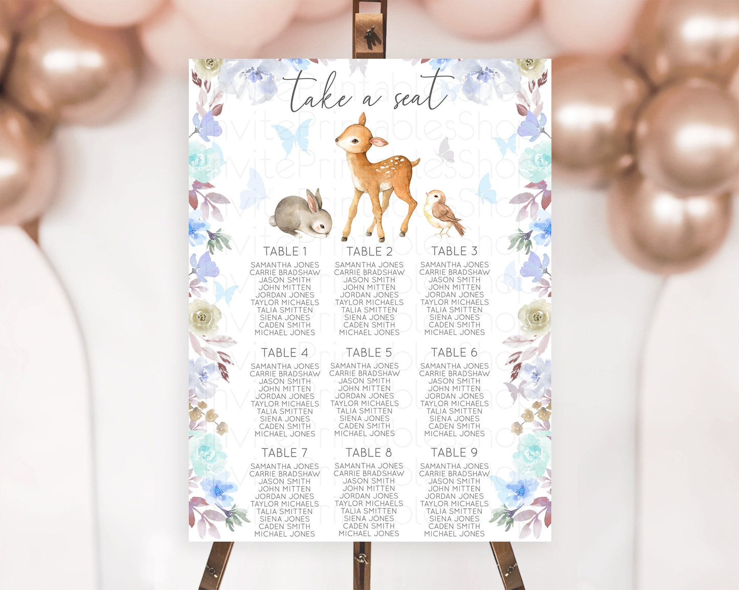 Fawn Seating Chart Deer Seating Chart Enchanted Forest Party Butterfly Pastel Flowers Whimsical Seating Chart Woodland Seating Sign D10929