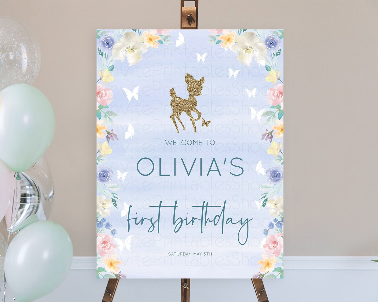 Fawn Welcome Sign Deer Welcome Board Floral Deer Welcome Poster Enchanted Forest Butterfly Pastel Floral First Birthday Welcome Sign D10879