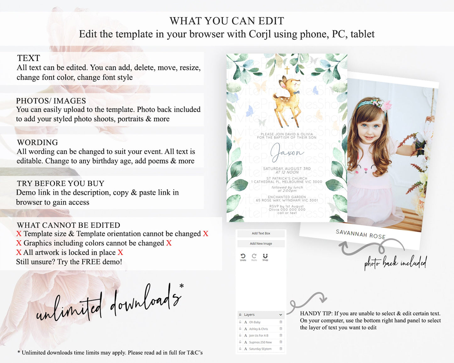 Fawn Baptism Invitation Deer Baptism 1st Birthday Invitation Enchanted Forest Christening Invitation Pastel Garden Butterfly Floral D10767