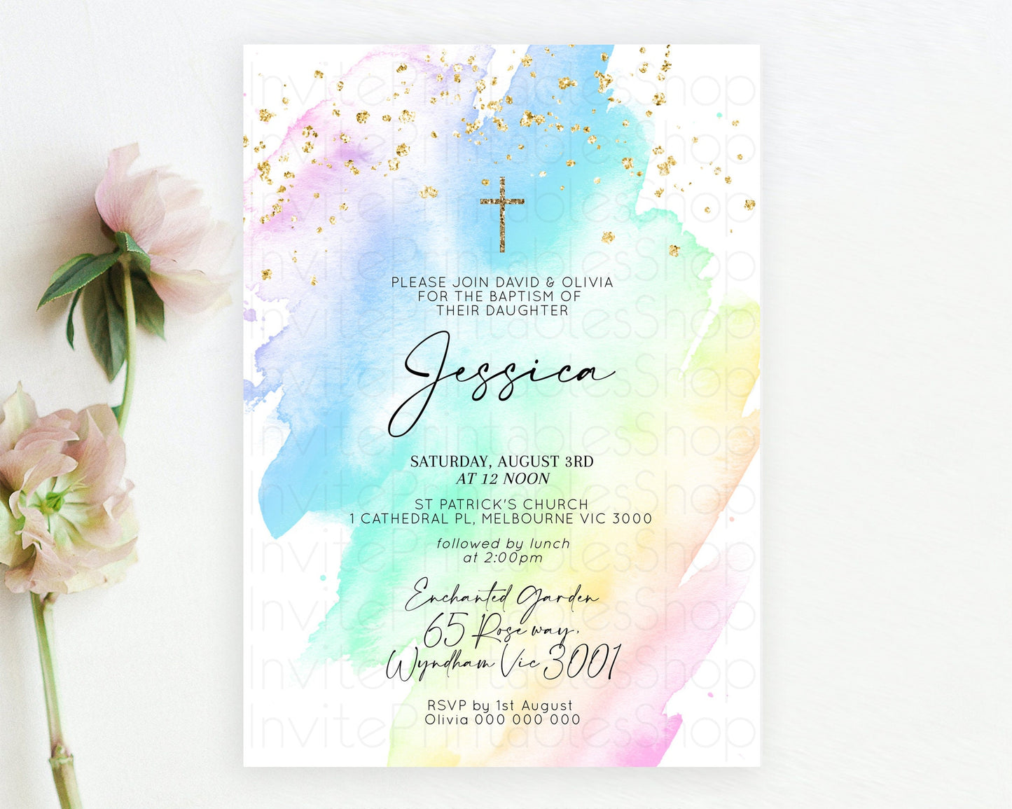 Pastel Baptism Invitation Pastel Colors Watercolor Baptism 1st Birthday Party Gold Ombre Pastel Rainbow Christening Holy Communion D10640