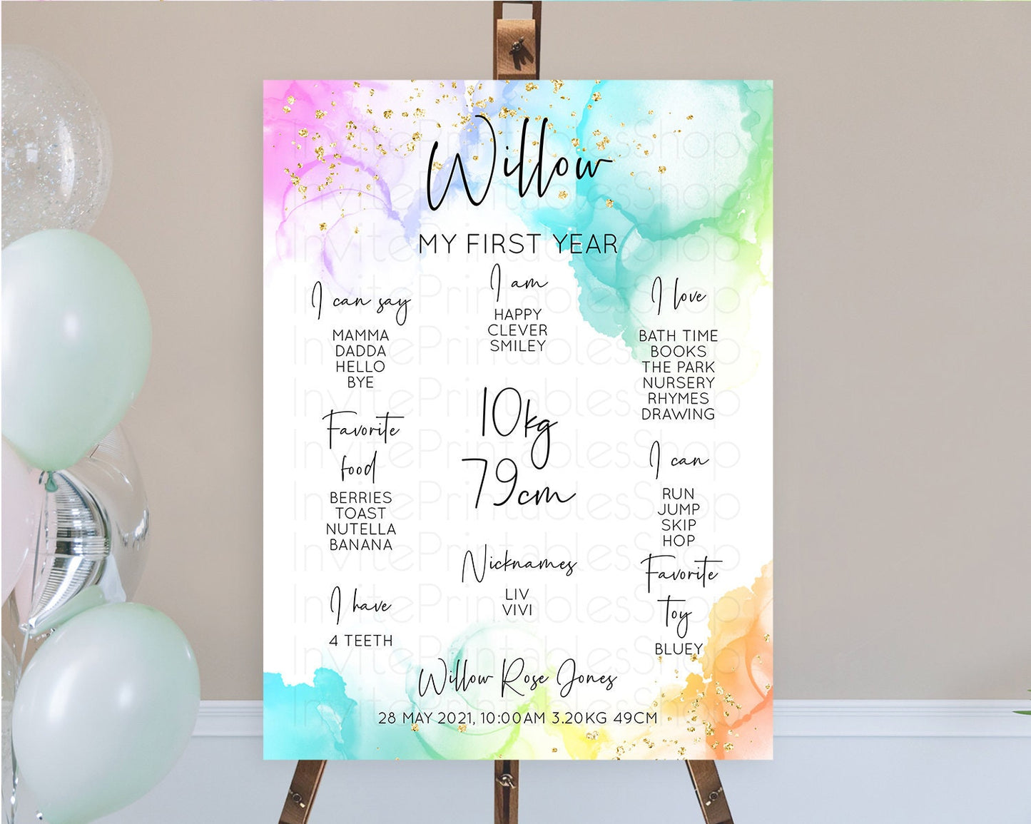 Pastel First Birthday Milestone Board Pastel Rainbow Milestone Poster Colorful Confetti Watercolor Glitter 1st Birthday Welcome Sign D10181