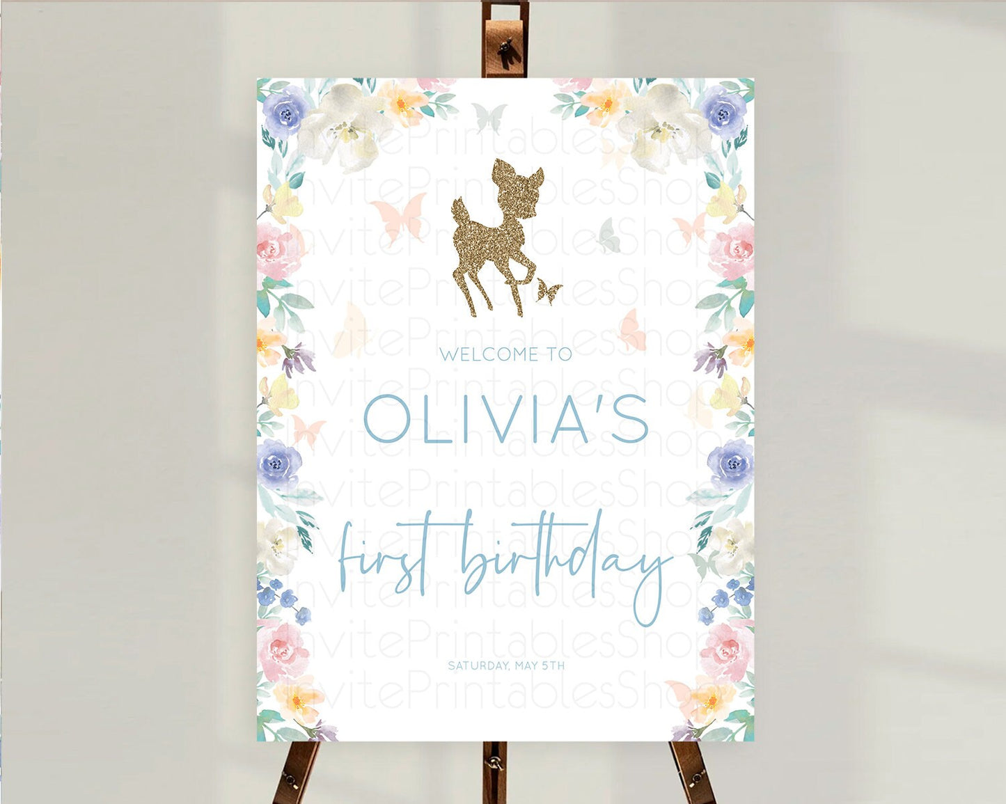 Fawn Welcome Sign Deer Welcome Board Floral Deer Welcome Poster Enchanted Forest Butterfly Pastel Floral First Birthday Welcome Sign D10878