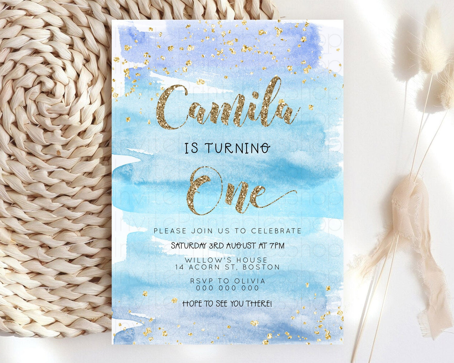 Blue Birthday Invitation Blue Watercolor Invitation Pastel Blue Watercolor Invitation Blue Splash Gold Invitation 1st First Birthday D23277