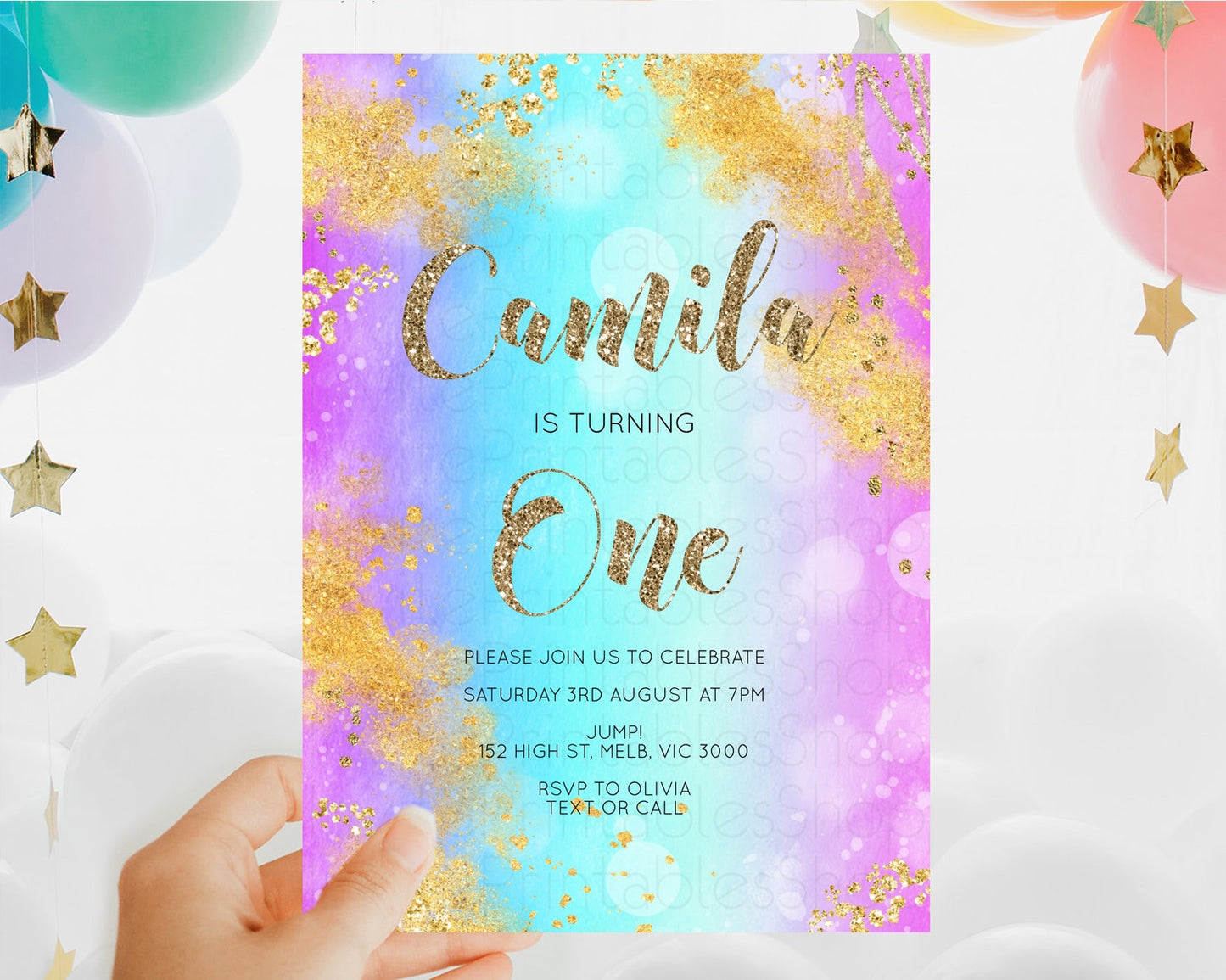 Rainbow Birthday Invitation Colorful Pastel Watercolor Invitation Gold Glitter Sprinkles Ombre Pastel 1st 2nd 3rd Birthday D10564