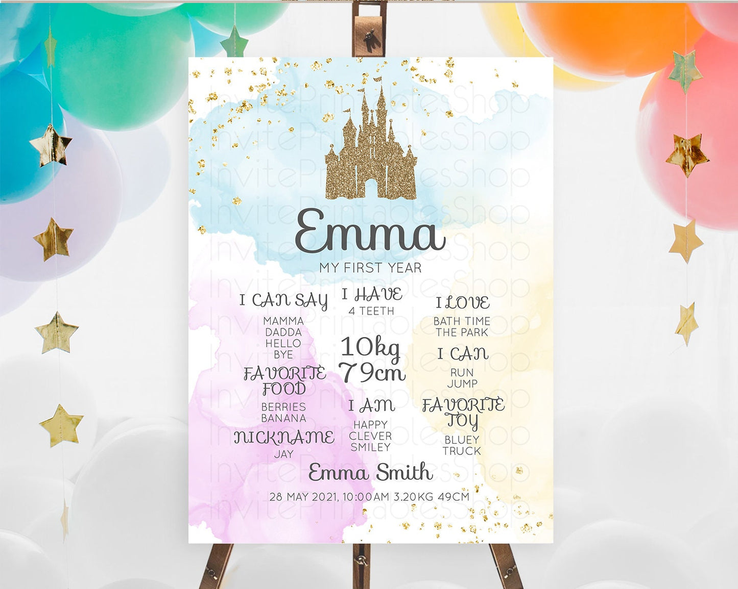 Princess First Birthday Milestone Poster Pastel Princess Milestone Board Pastel Rainbow Colorful Enchanted Castle 1st Birthday Sign D10154