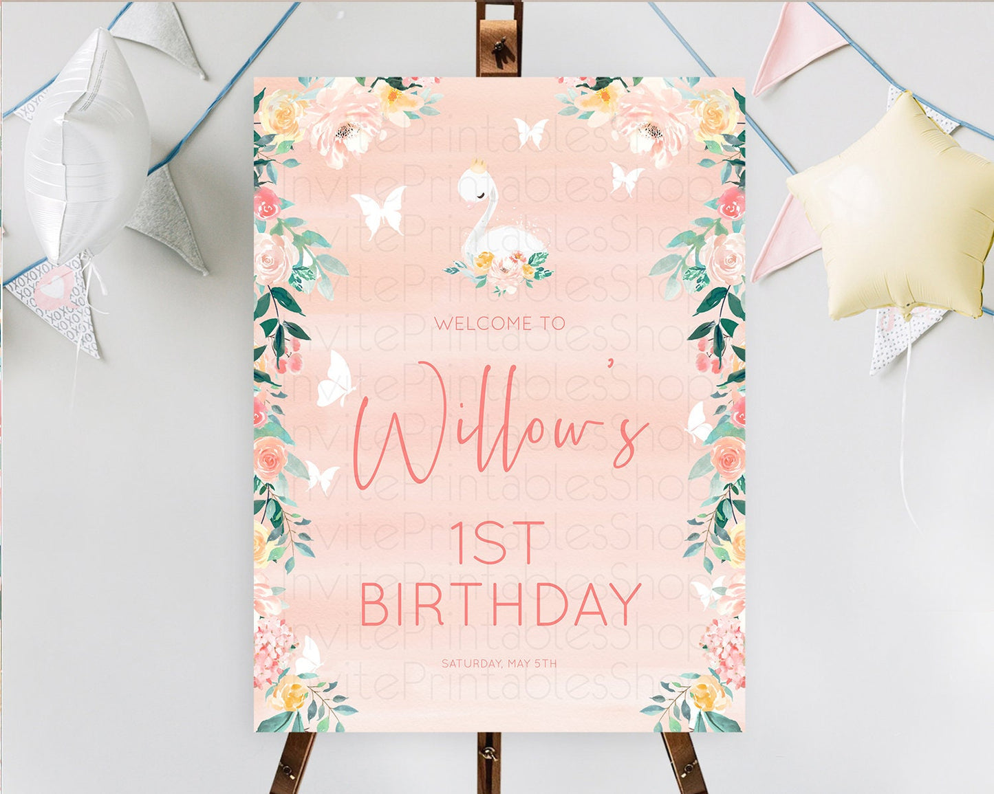 Swan Welcome Board Swan Princess Ballet Welcome Sign Enchanted Swan Lake Secret Garden Pastel Floral First Birthday Welcome Sign D10884