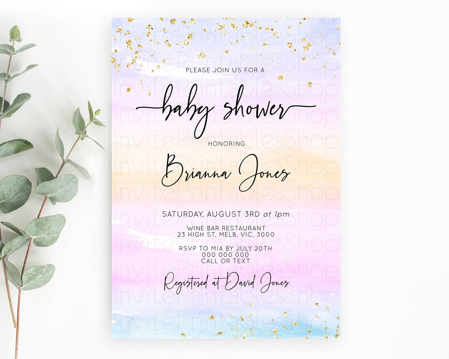 Pastel Baby Shower Invitation Rainbow Baby Shower Invitation Colorful Pastel Watercolor Invitation Gold Glitter Sprinkles Ombre D10594