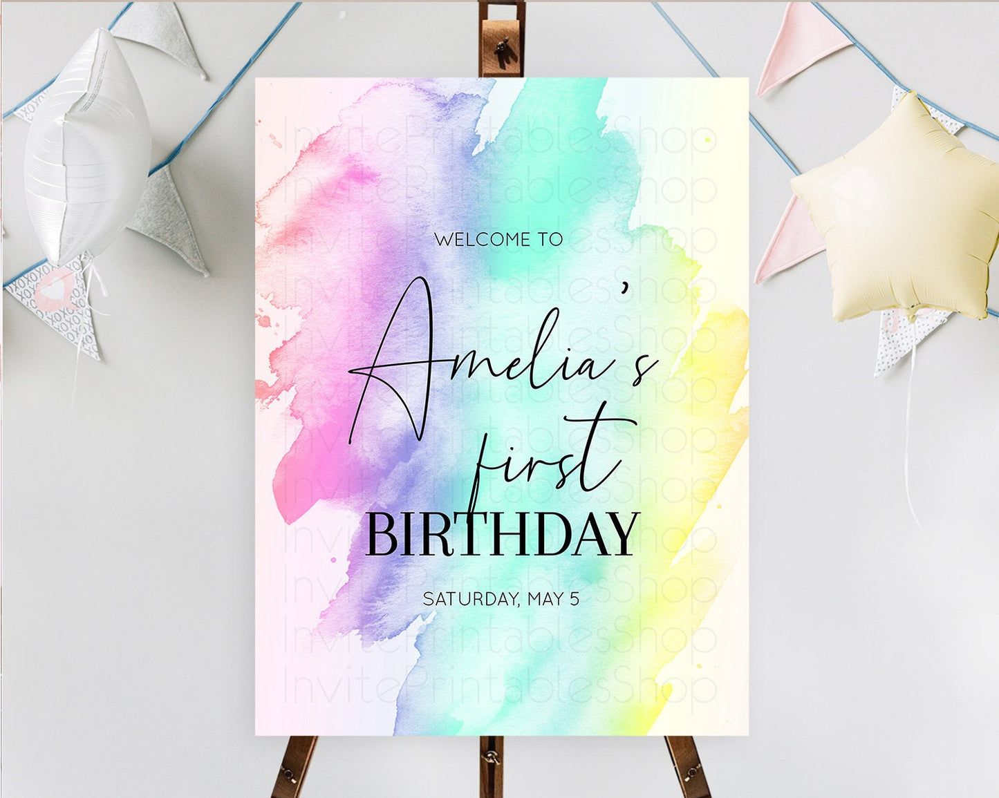 Pastel Welcome Sign Pastel Rainbow Welcome Sign Colorful Rainbow Confetti Watercolor Glitter Pastel First Birthday Welcome Sign D10231