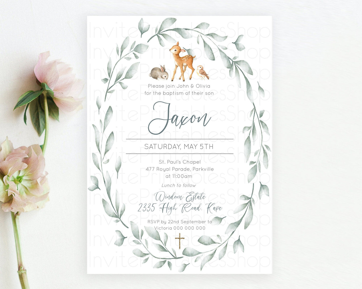 Fawn Baptism Invitation Deer Baptism 1st Birthday Invitation Enchanted Forest Christening Invitation Pastel Garden Butterfly Floral D10872