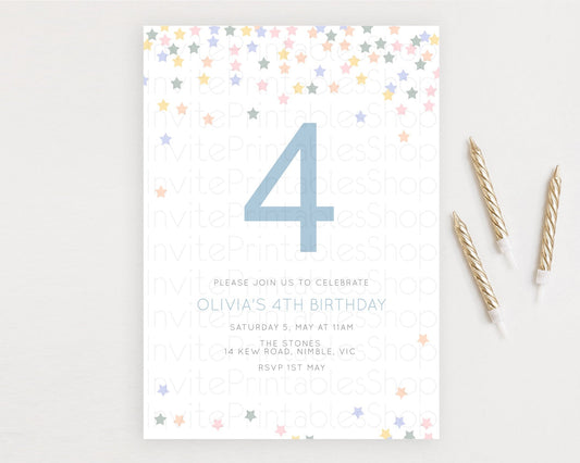 Star Birthday Invitation Pastel Stars Invite Shooting Star Party Rainbow Colorful Confetti Twinkle Little Star 2nd First Birthday D10795