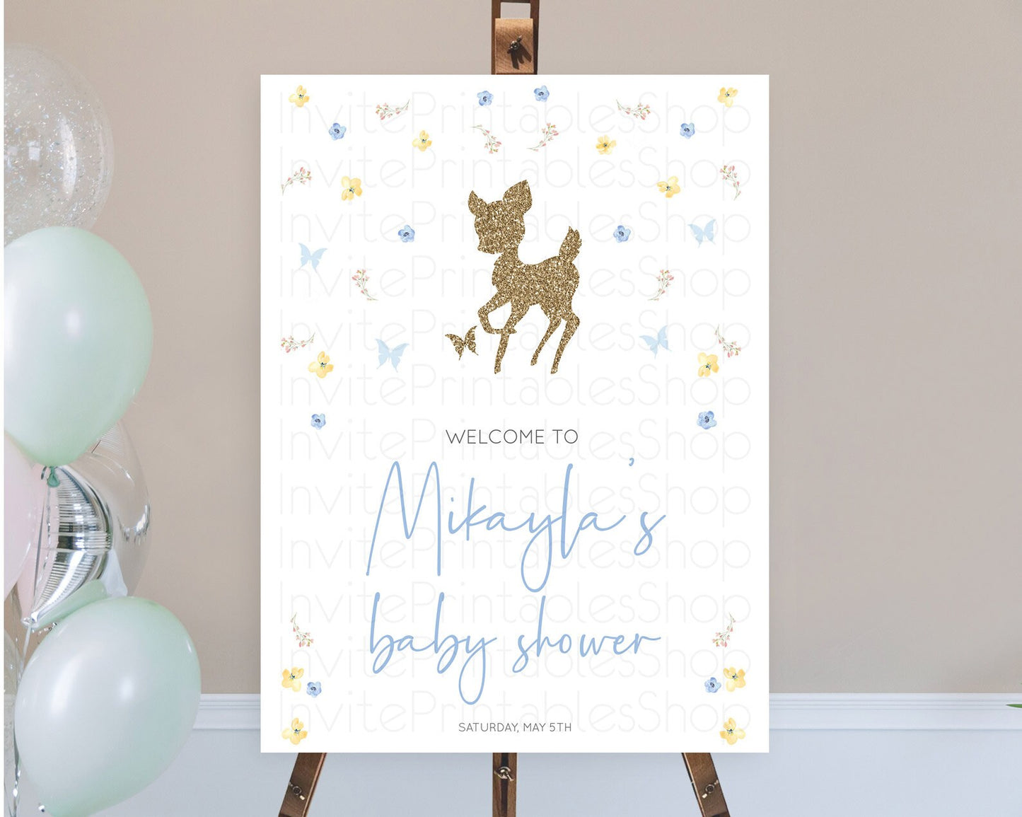 Fawn Baby Shower Welcome Sign Deer Welcome Board Floral Deer Welcome Poster Enchanted Forest Butterfly Pastel Floral Welcome Sign D10360