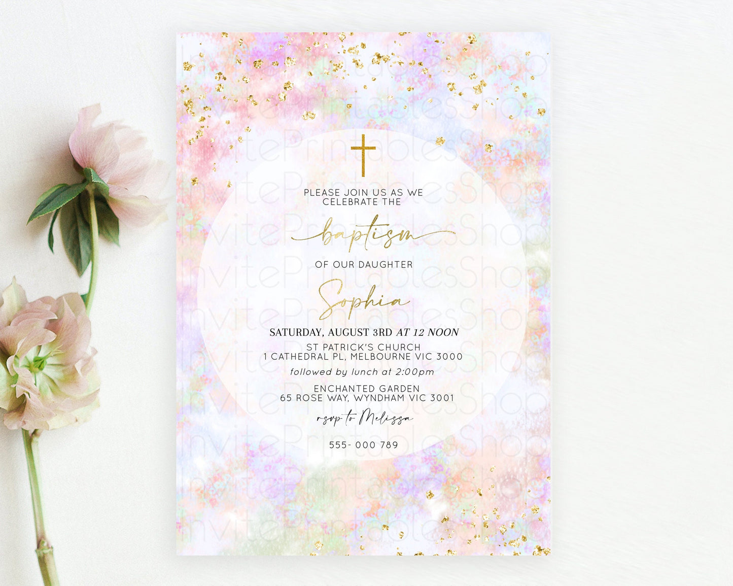 Pastel Baptism Invitation Pastel Colors Watercolor Baptism 1st Birthday Party Gold Ombre Pastel Rainbow Christening Holy Communion D10649