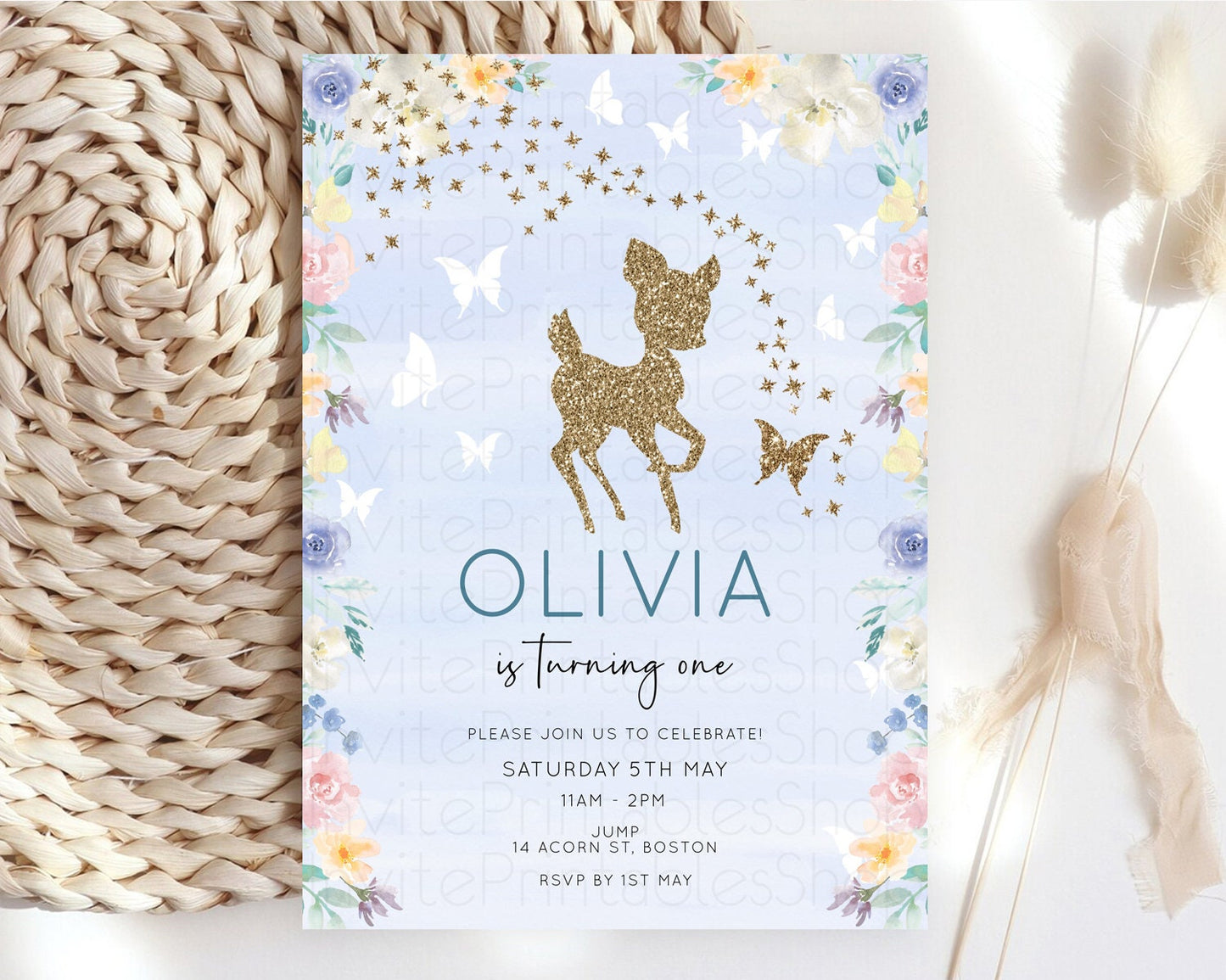 Fawn Birthday Invitation Deer Birthday Invitation Enchanted Forest Party Butterfly Pastel Flowers Whimsical 2nd 1st First Birthday D10879