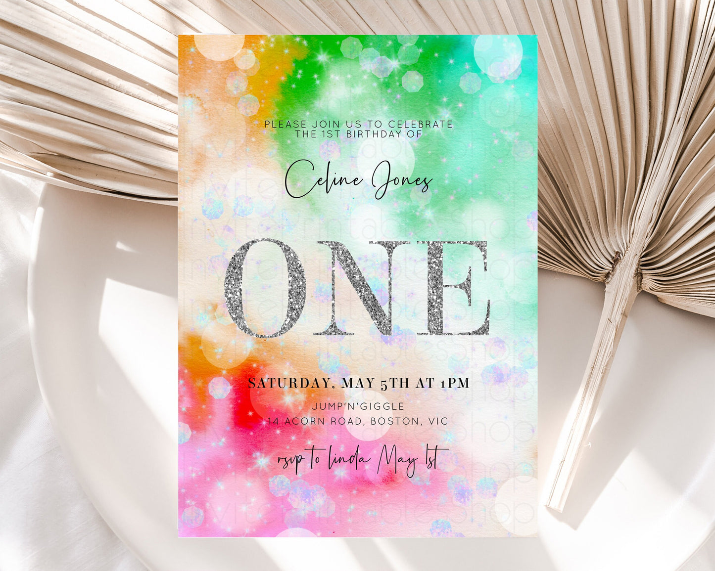 Rainbow Birthday Invitation Pastel Birthday Invite Ombre Watercolor Invite Enchanted Theme Colorful Splash Glitter Sprinkles 1st 2nd 3rd