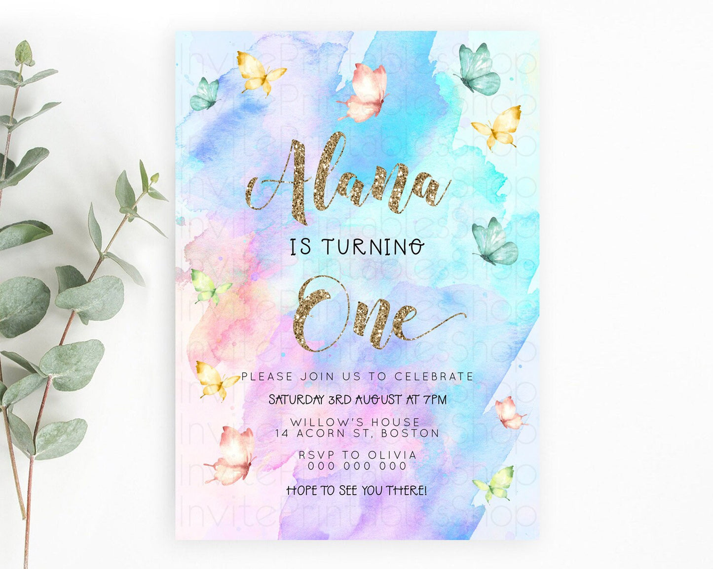 Pastel Butterfly Birthday Invitation Butterfly Birthday Invitation Colorful Splash Glitter Butterfly Garden 1st 2nd Birthday D23246