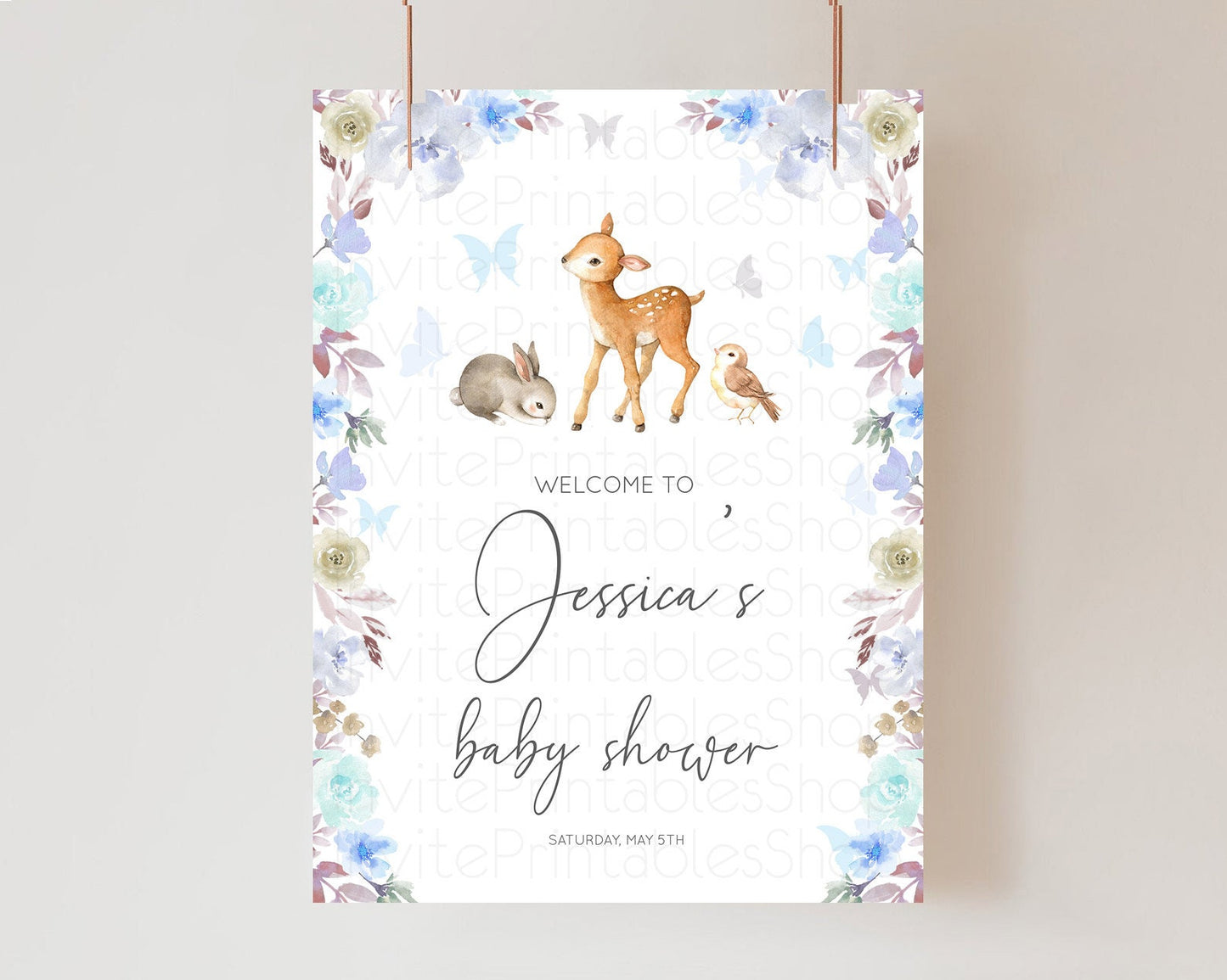 Fawn Baby Shower Welcome Sign Deer Welcome Board Floral Deer Welcome Poster Enchanted Forest Butterfly Pastel Floral Welcome Sign D10929