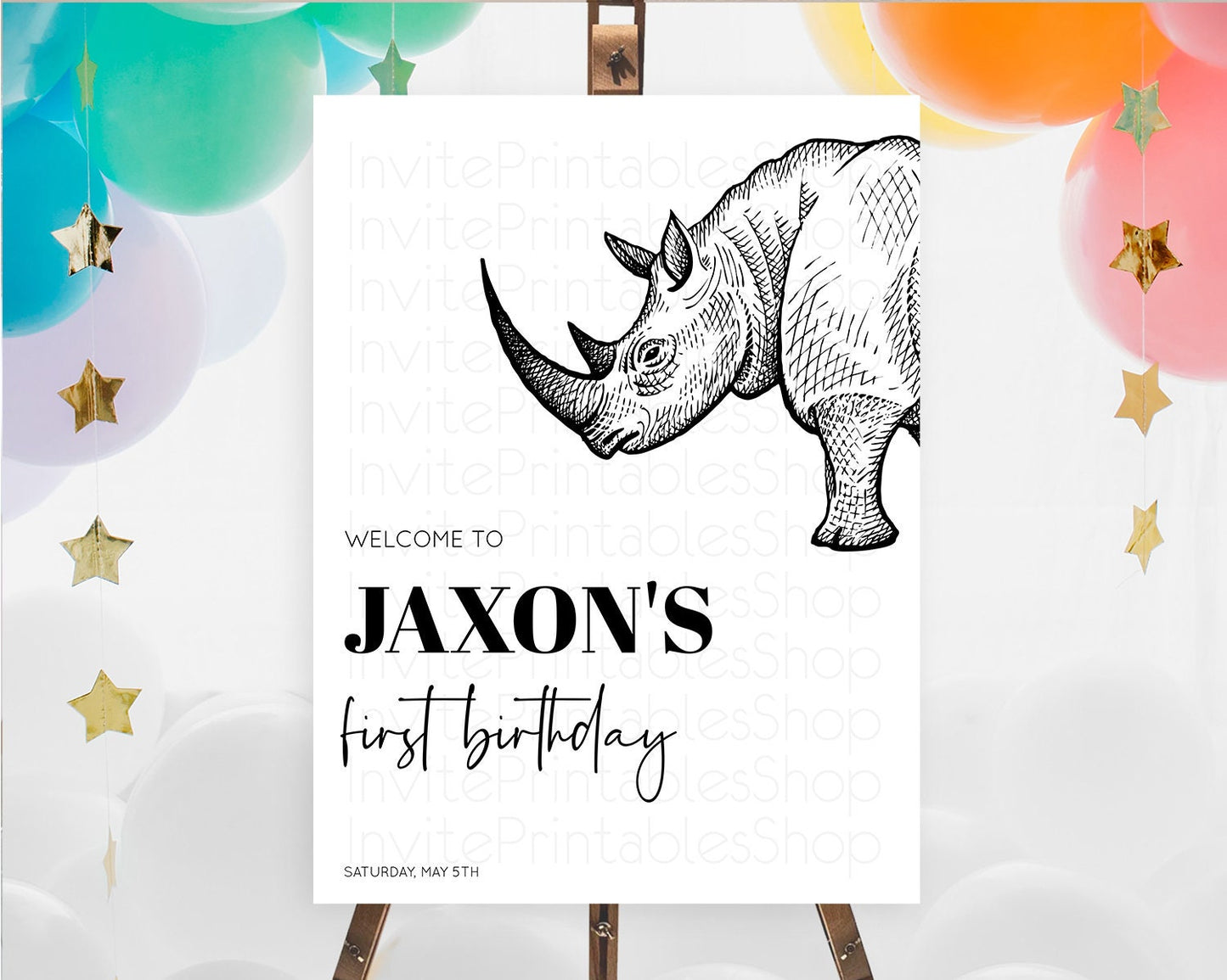 Rhino Welcome Sign Rhino Welcome Board Rhino Welcome Poster Dried Palm Fern Safari Party Decor Rhino First Birthday Welcome Sign D10253