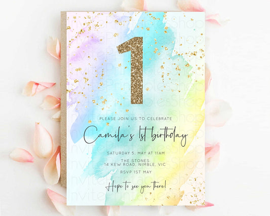 Rainbow Birthday Invitation Colorful Pastel Watercolor Invitation Gold Glitter Sprinkles Ombre Pastel 1st 2nd 3rd Birthday D10171